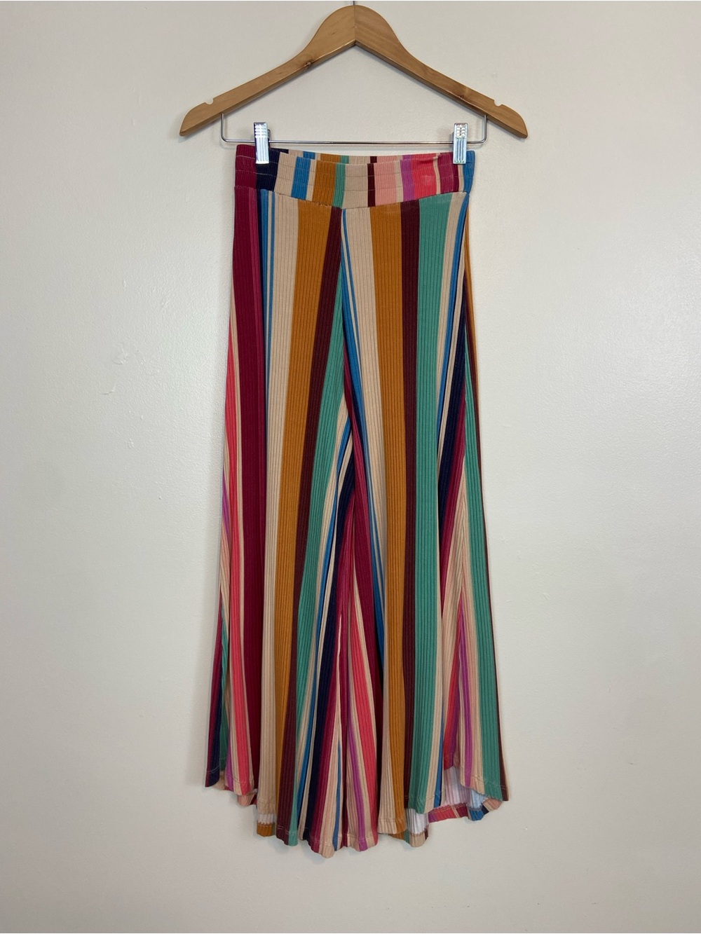 FARM Rio Multicolor Striped Ribbed Wide Leg Palazzo Stretchy Pants Boho